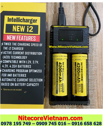 Nitecore New i2 (Bộ sạc Nitecore New i2 kèm sẳn 02 pin SẠC Nitecore IMR26650A 4200mAh dòng xả 40A lithium 3.7v) chính hãng